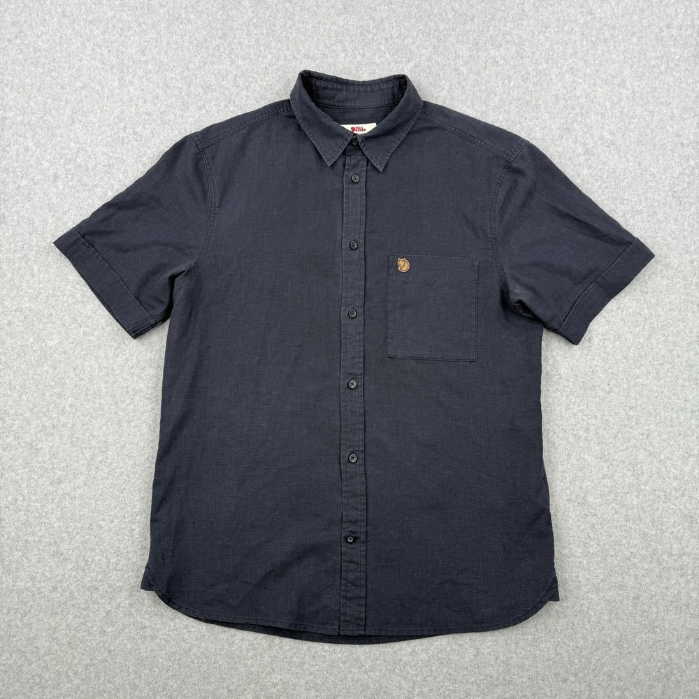 Fjallraven‎ Shirt Mens Small Black Ovik Travel Hemp Blend Button Up Short Sleeve